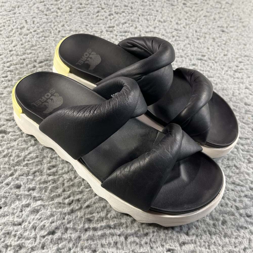 Sorel Cameron Flatform Puffy Slide Sandals Womens 10 Black Leather NL4974-010